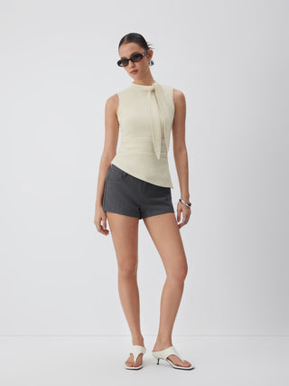 Knit Fabric Stand Collar Tie-Neck Ruched Stitch Tank Top For Daily Casual Work