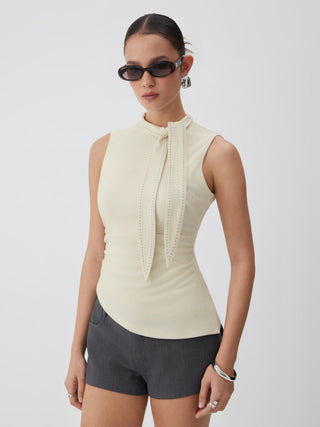 Knit Fabric Stand Collar Tie-Neck Ruched Stitch Tank Top For Daily Casual Work