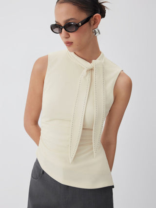 Knit Fabric Stand Collar Tie-Neck Ruched Stitch Tank Top For Daily Casual Work