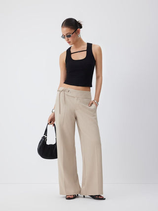 Low Rise Side Tie Metal Detail Straight Leg Trousers
