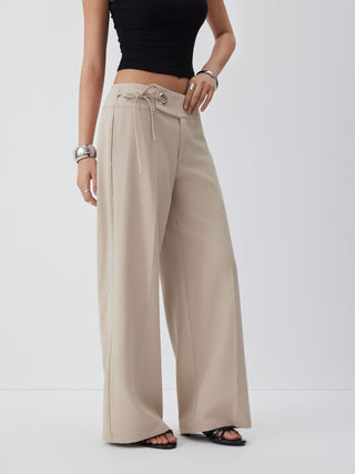 Low Rise Side Tie Metal Detail Straight Leg Trousers
