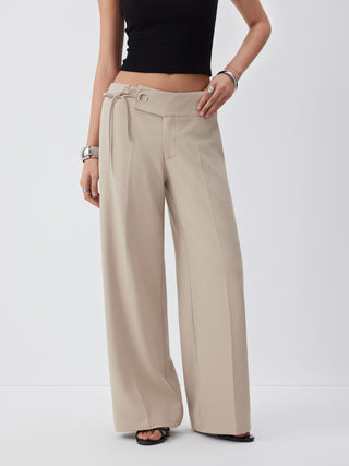 Low Rise Side Tie Metal Detail Straight Leg Trousers