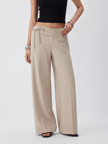 Low Rise Side Tie Metal Detail Straight Leg Trousers