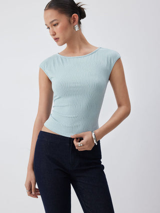Knit Fabric High Stretch Textured Boat Neck Short Sleeve Tee For Daily Casual Work