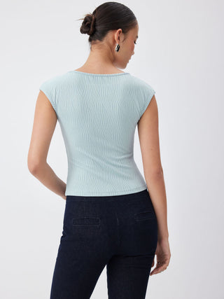 Knit Fabric High Stretch Textured Boat Neck Short Sleeve Tee For Daily Casual Work