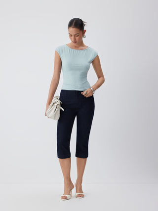 Knit Fabric High Stretch Textured Boat Neck Short Sleeve Tee For Daily Casual Work