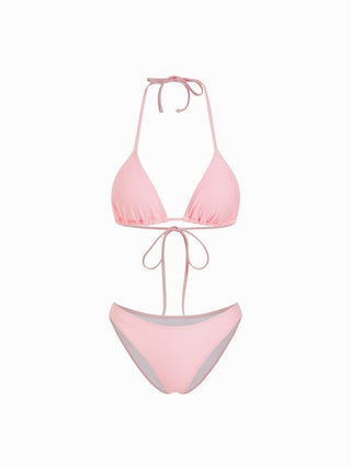 Knit Fabric Halter Neckline Triangle Bikini Set With Sheer Cover Up Dress For Vacation Beach