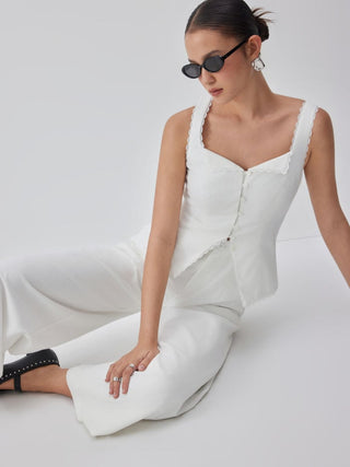 Linen-blend Linen-blend Lace Panel Mid Rise Wide Leg Jumpsuit For Daily Casual Vacation