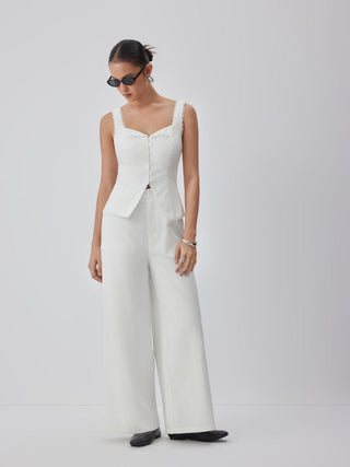 Linen-blend Linen-blend Lace Panel Mid Rise Wide Leg Jumpsuit For Daily Casual Vacation
