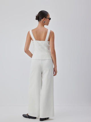 Linen-blend Linen-blend Lace Panel Mid Rise Wide Leg Jumpsuit For Daily Casual Vacation