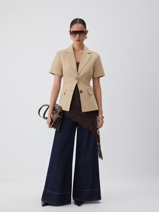 Linen-blend Linen-blend Short Sleeve Blazer For Daily Casual Work