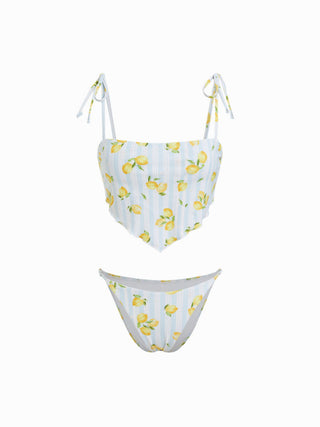 Knit Fabric Square Neck Lemon Graphic Stripe Tie Shoulder Hanky Hem Tankini Bikini Set For Vacation Swimming Pool Beach