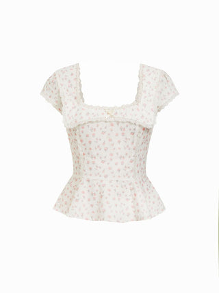 Crop Top Summer Tops Summer Tops Cute Tops Cute Summer Top Woven Cotton-blend Floral Square Neck Puff Sleeve Lace Trim Bowknot Peplum Blouse For Daily Casual Picnic