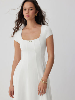 corset Knit Fabric Scoop Neck Short Sleeve Rosette Flared Maxi Dress For Daily Casual Date