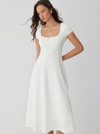 corset Knit Fabric Scoop Neck Short Sleeve Rosette Flared Maxi Dress For Daily Casual Date