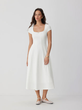corset Knit Fabric Scoop Neck Short Sleeve Rosette Flared Maxi Dress For Daily Casual Date