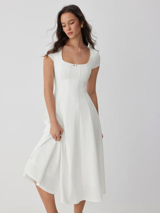 corset Knit Fabric Scoop Neck Short Sleeve Rosette Flared Maxi Dress For Daily Casual Date