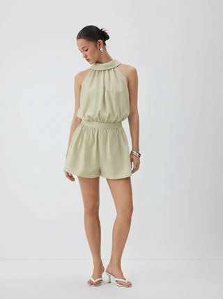 High Neck Mid Rise Ruched Romper