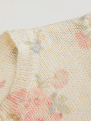 Knit Wool-blend Floral Puff Sleeve Cardigan