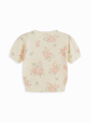 Knit Wool-blend Floral Puff Sleeve Cardigan