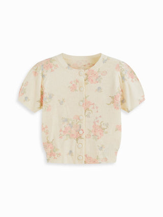 Knit Wool-blend Floral Puff Sleeve Cardigan