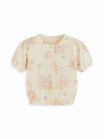 Knit Wool-blend Floral Puff Sleeve Cardigan