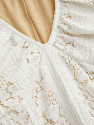 Lace V-neck Ruffle Sleeve Ruched Flared Maxi Dress