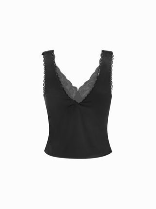 Satin V-neck Lace Trim Tank Top