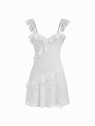Lace Floral Sweetheart Neck Ruffle Trim Cami Mini Dress