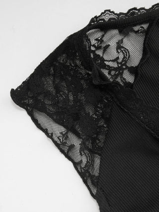 Mid Rise Lace Panel Lace Up Wide Leg Jumpsuit