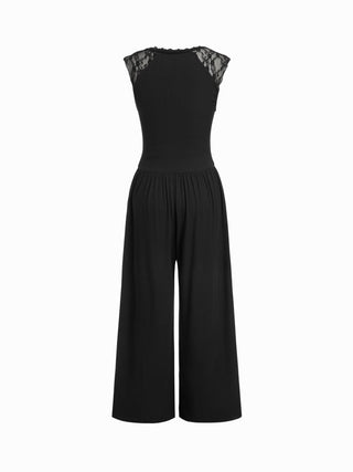 Mid Rise Lace Panel Lace Up Wide Leg Jumpsuit