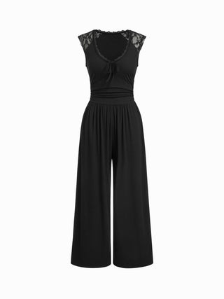 Mid Rise Lace Panel Lace Up Wide Leg Jumpsuit
