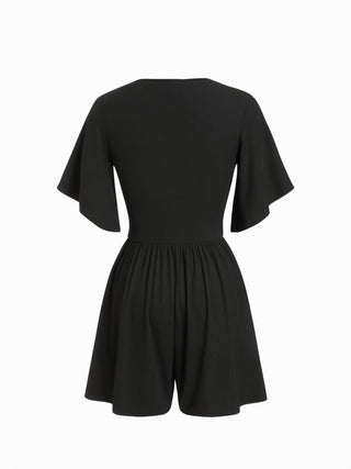 Textured V-neck Ruched Mid Rise Bell Sleeve Romper