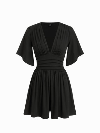 Textured V-neck Ruched Mid Rise Bell Sleeve Romper
