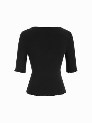 Cotton-blend V-neck Mid-length Sleeve Lace Trim Lettuce Trim Top