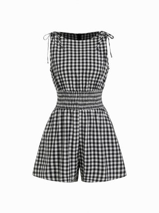 Cotton-blend Gingham Boat Neck Tie Shoulder Shirred Mid Rise Romper