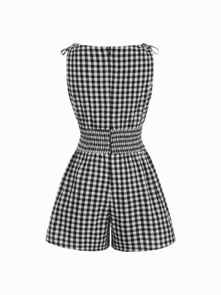 Cotton-blend Gingham Boat Neck Tie Shoulder Shirred Mid Rise Romper