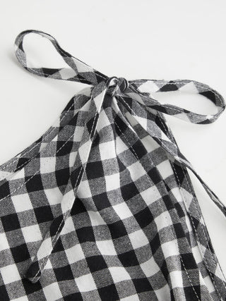 Cotton-blend Gingham Boat Neck Tie Shoulder Shirred Mid Rise Romper