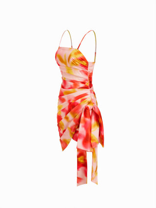 Square Neck Floral with Side Sash Midi Dress