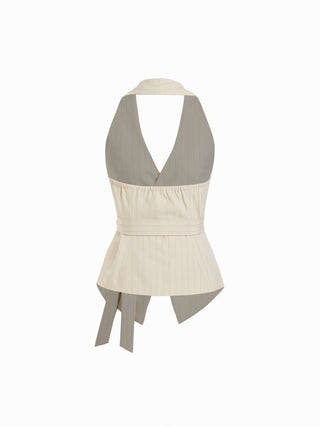 Striped Halter Neckline Twist Knotted Longline Blazer Vest