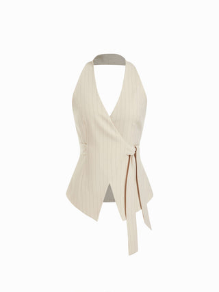 Striped Halter Neckline Twist Knotted Longline Blazer Vest