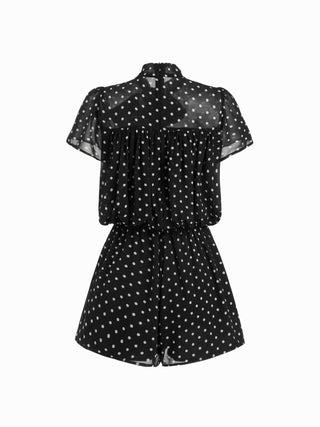Chiffon Stand Collar Puff Sleeve Bowknot Drawstring Ruffle Romper