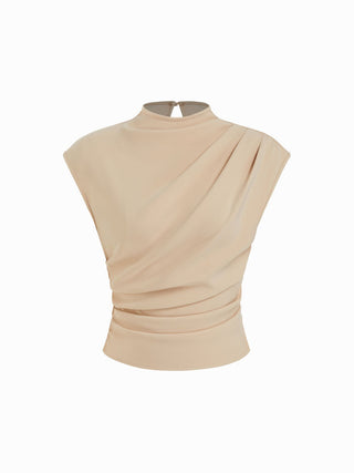 Woven Stand Collar Ruched Crop Blouse