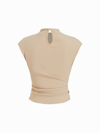 Woven Stand Collar Ruched Crop Blouse