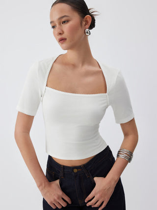 Knit Fabric Cotton-blend Square Neck Scallop Trim Short Sleeve Tee For School Daily Casual