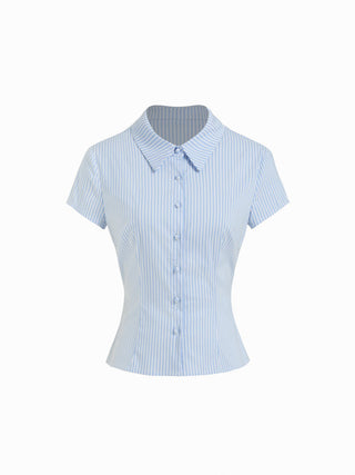 Woven Collar Stripe Short Sleeve Shirt For School