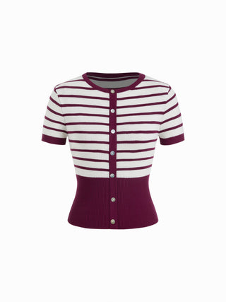 Knit Fabric Knit Striped High Stretch Short Sleeve Cardigan With Pearl Buttons For Daily Casual Coffee Shop Work