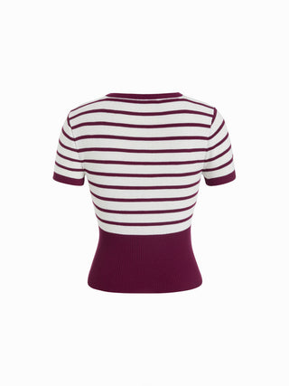 Knit Fabric Knit Striped High Stretch Short Sleeve Cardigan With Pearl Buttons For Daily Casual Coffee Shop Work