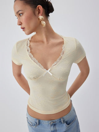 Jacquard Floral V-neck Lace Panel Bowknot Crop Tee
