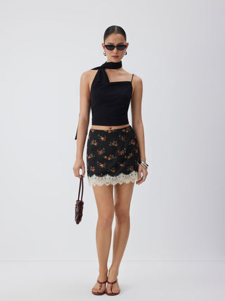 Woven Mid Rise Floral Lace Trim A-line Mini Skirt For Daily Casual Date